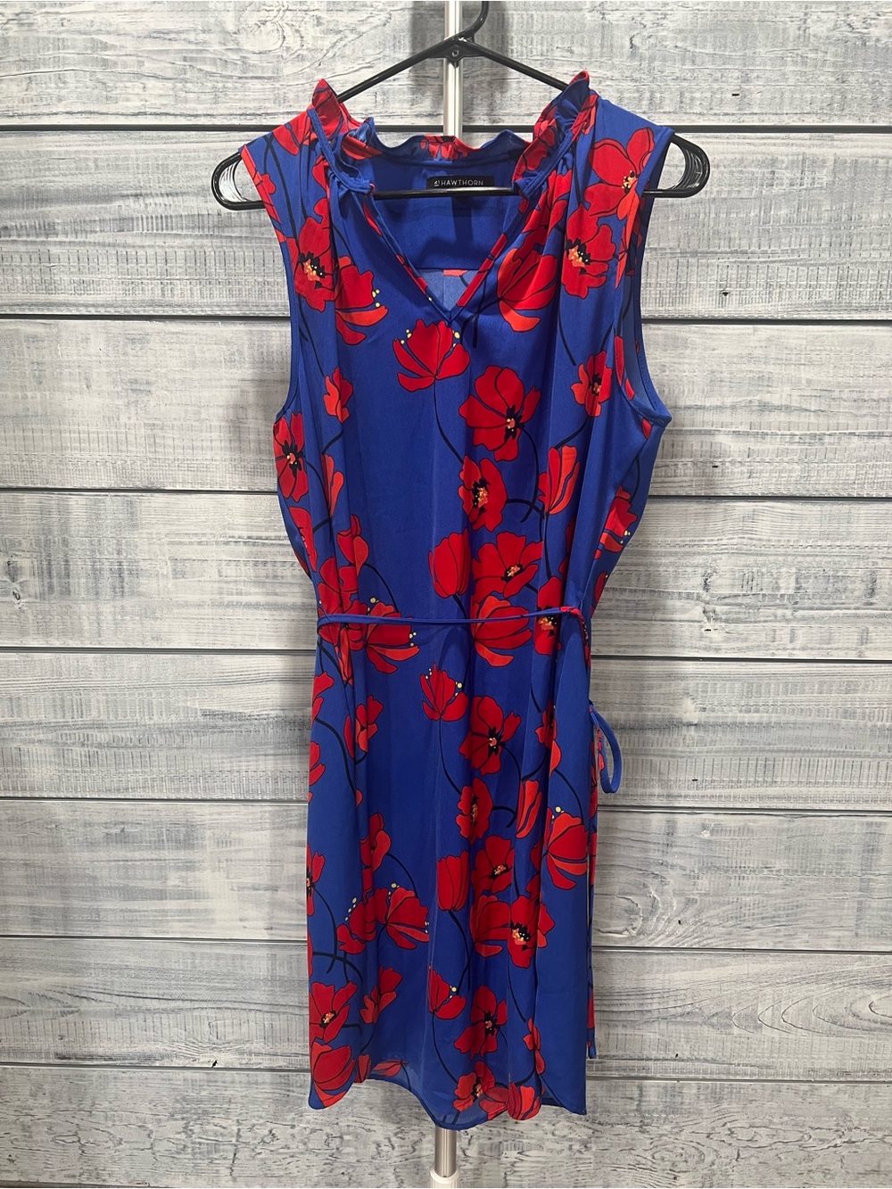 41 Hawthorn Blue Sleeveless Dress with Red Floral Print